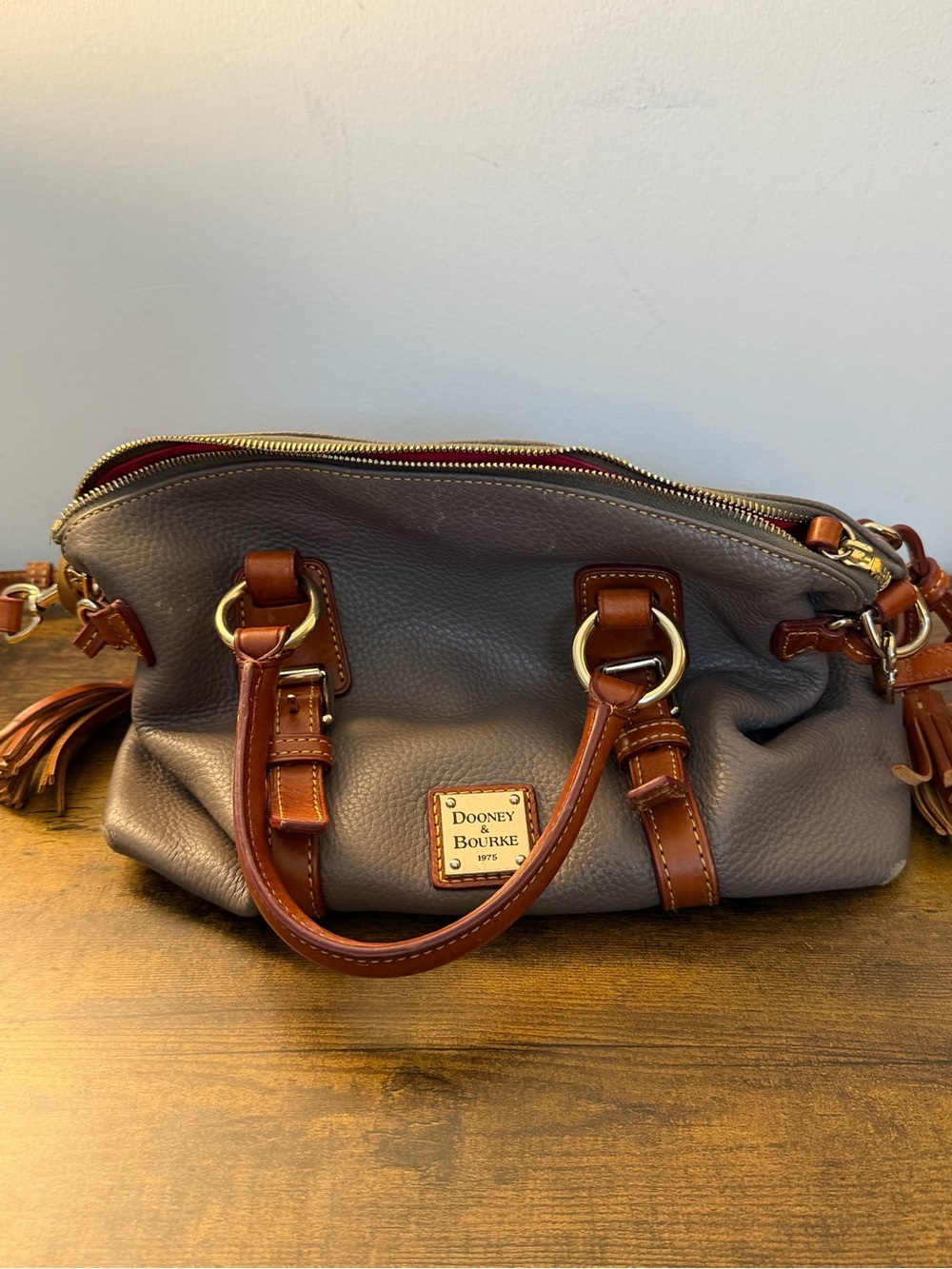 Dooney & Bourke Gray Pebble Leather Satchel with Brown Trim and Gold Hardware